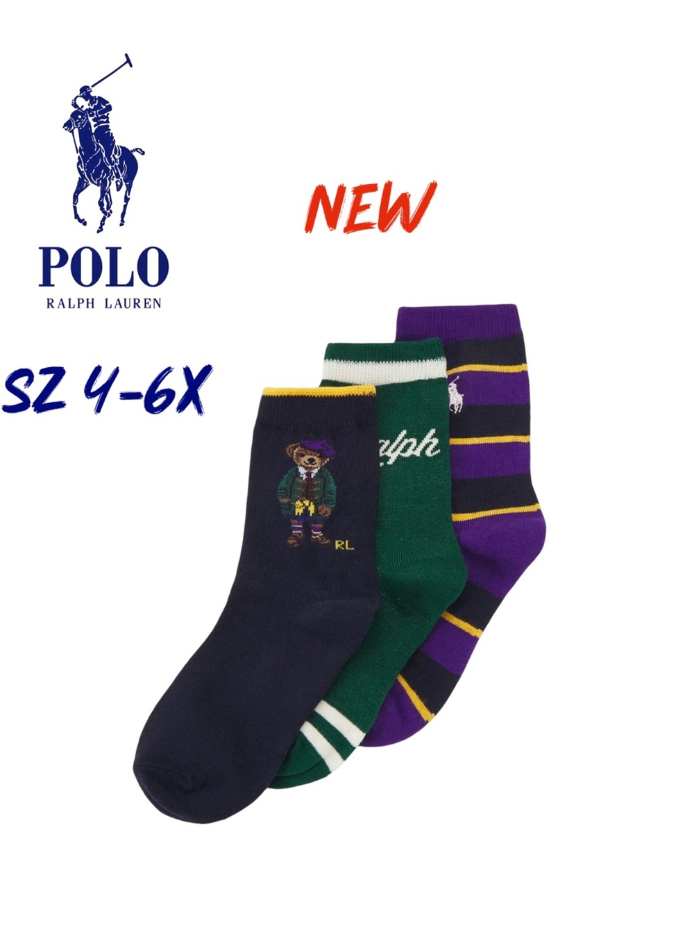 NWT Polo Ralph Lauren Girls 3-Pack Polo Bear Socks Size 4-6X (Sock Size 7-10)